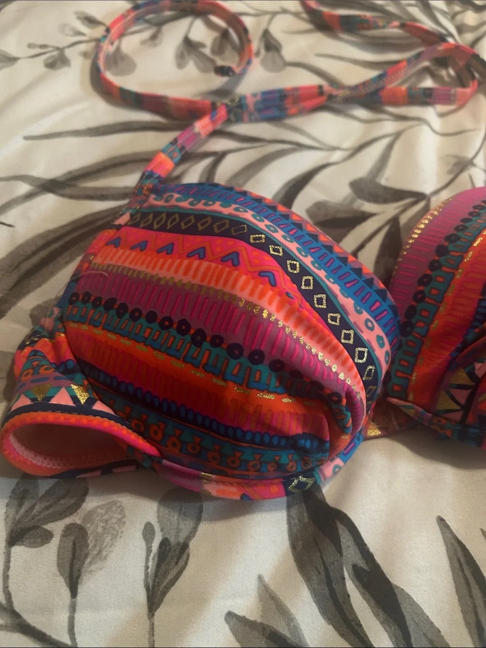 Xhilaration Multicolor Tribal Halter Bikini Top with Neon Orange Bottoms